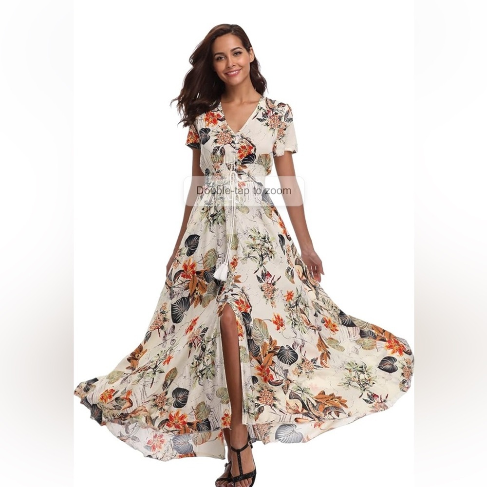 Women Button Up Split Long Flowy Floral Maxi Dress kk.